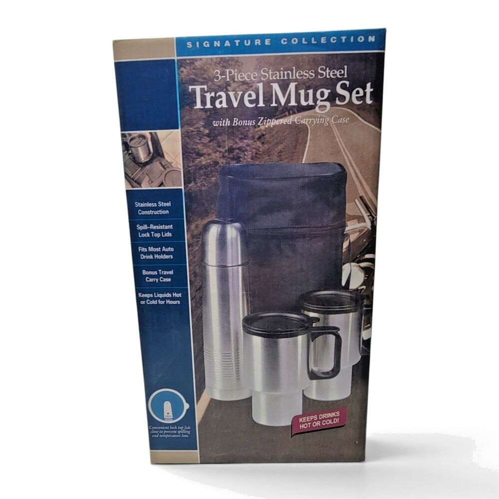3 Pc Stainless Steel Travel Mug Set Vacuum Thermos Coffee Tea Flask 2 Cups New